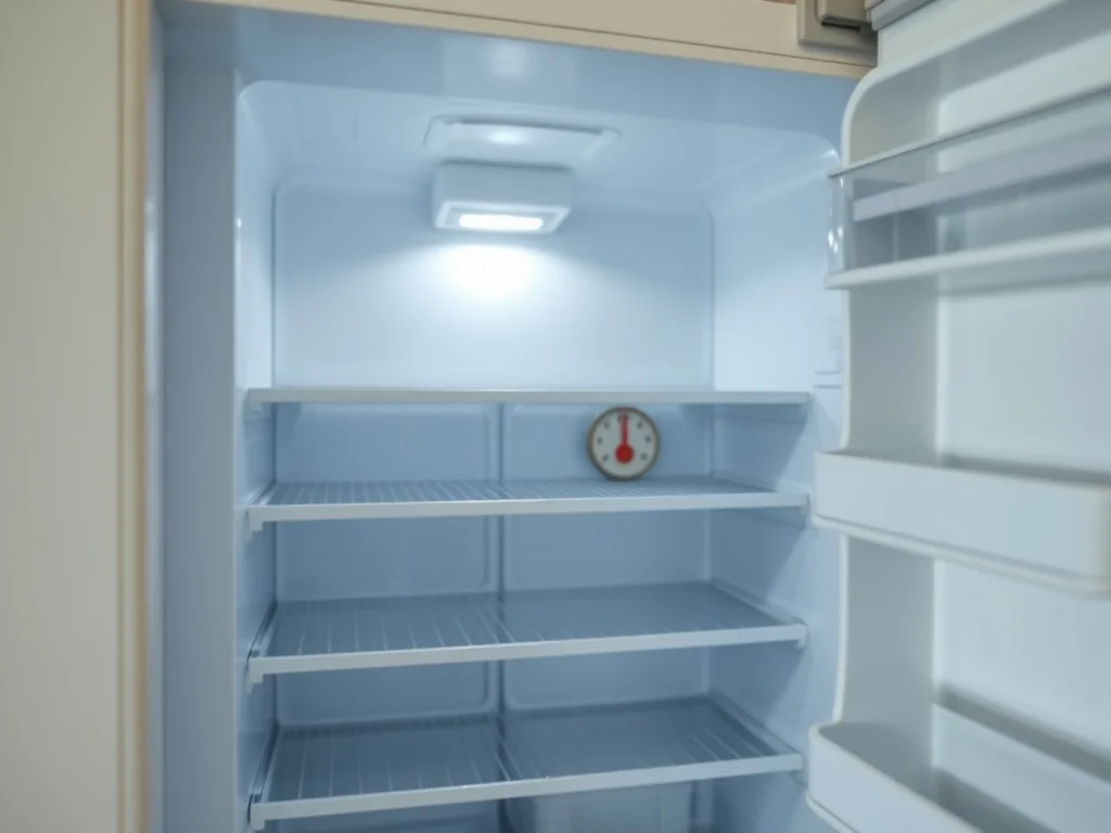 Otwarta, prawie pusta lodówka z termometrem pokazującym zbyt wysoką temperaturę w jasnej, domowej kuchni.