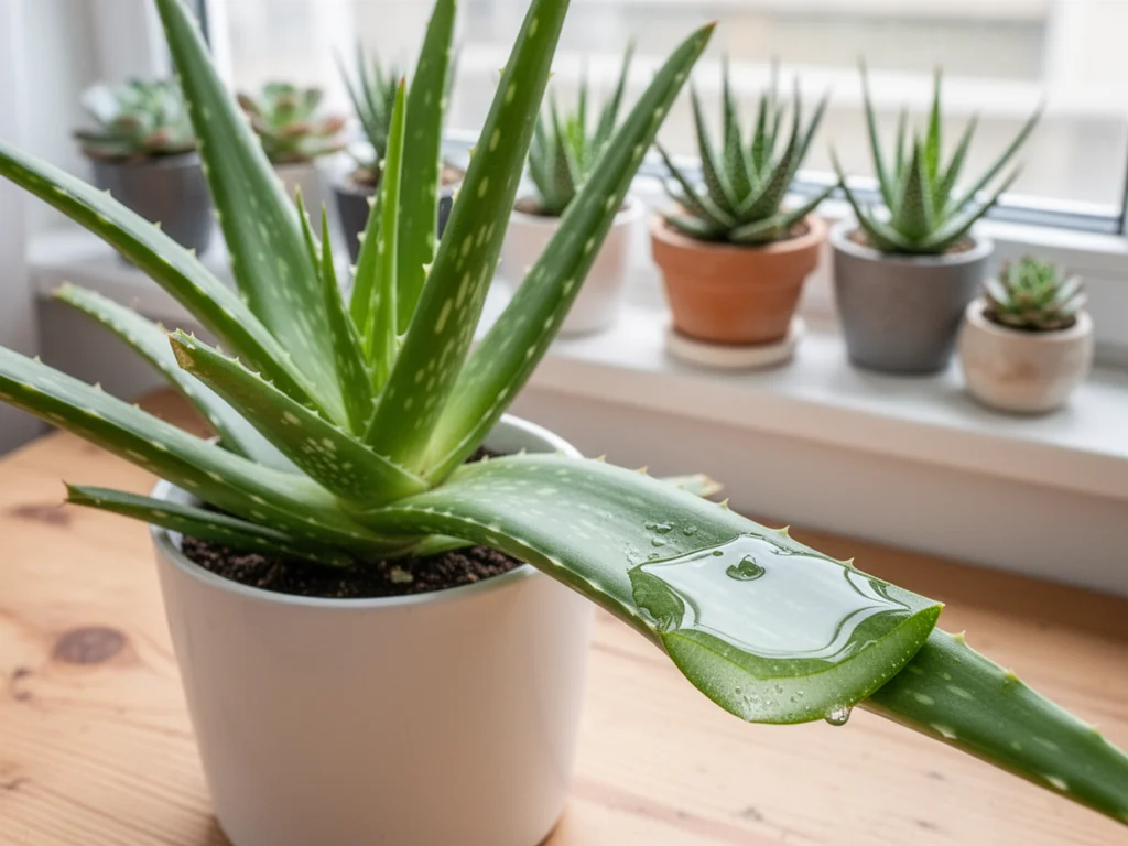 Aloes leczniczy w białej doniczce na tle ozdobnych sukulentów, z przeciętym liściem pokazującym przezroczysty miąższ