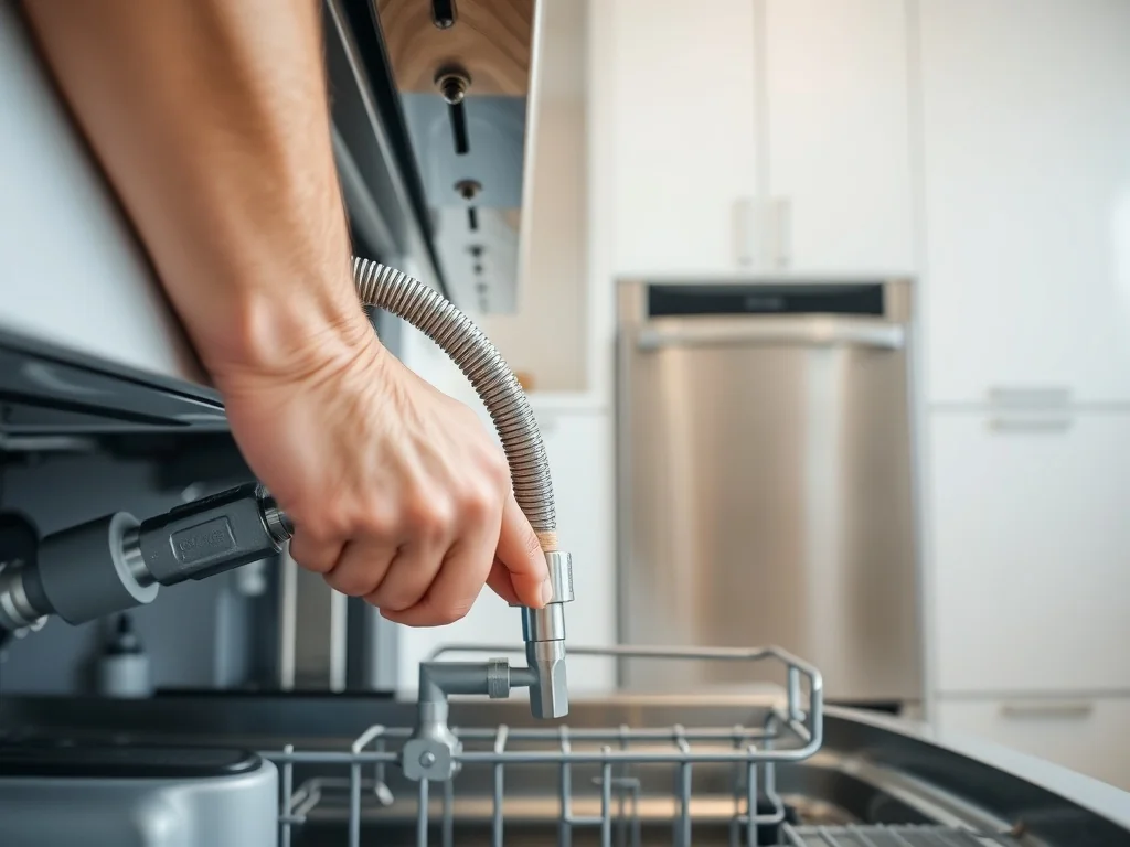 Osoba podłącza wąż zmywarki do instalacji wodnej pod blatem, w jasnej, nowoczesnej kuchni z zabudowaną zmywarką.
