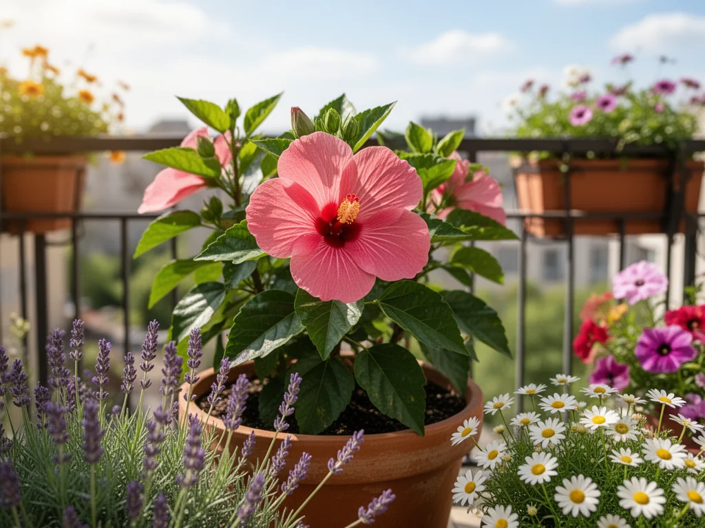 Rozkwitnięty hibiskus w donicy na balkonie, otoczony lawendą i białymi stokrotkami, tworzy kolorową, miejską oazę.