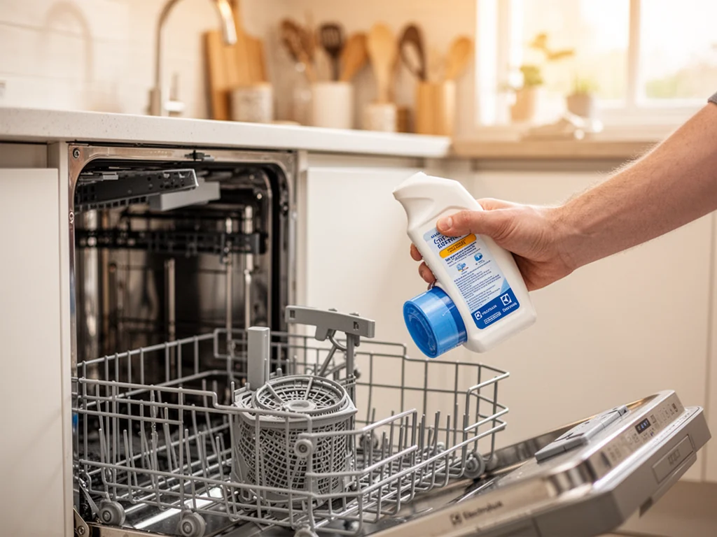 Ręka trzyma środek do czyszczenia przy otwartej zmywarce Electrolux, wskazując miejsce filtrów i ramienia spryskującego.