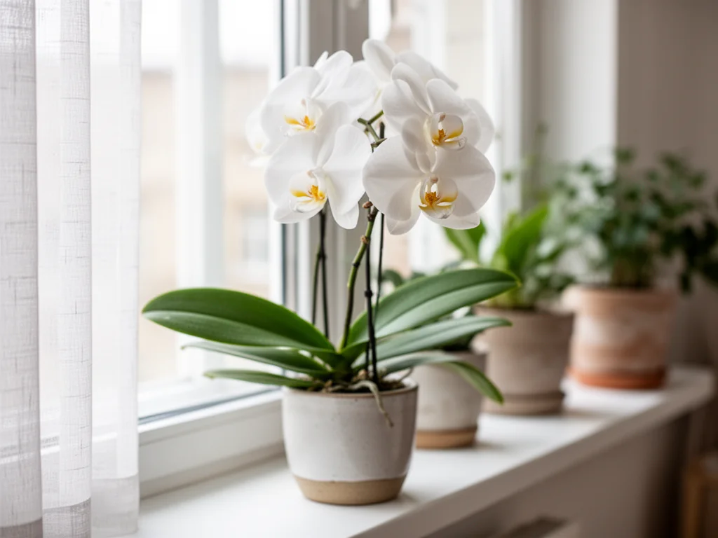 Storczyk Phalaenopsis w doniczce na jasnym parapecie przy oknie z firanką, w rozproszonym, łagodnym świetle dziennym.