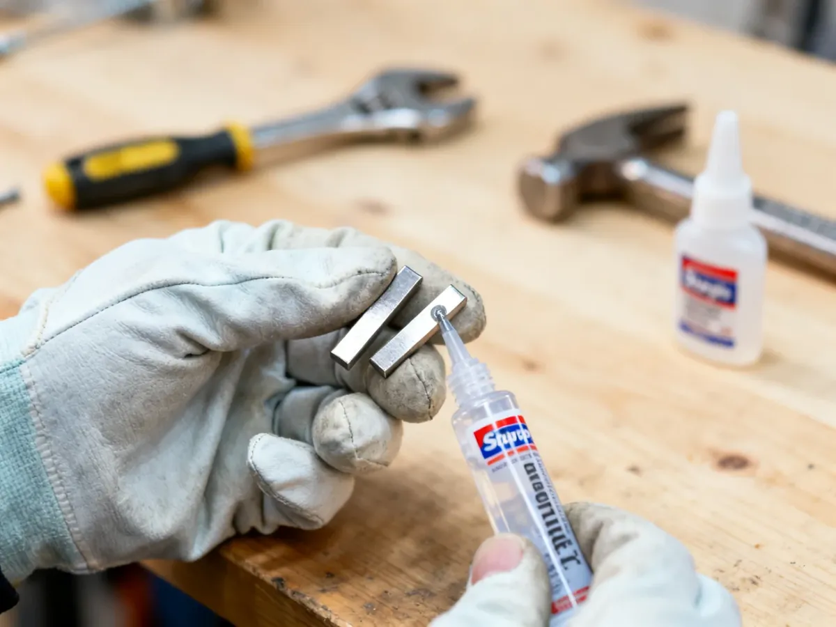 Dłoń w rękawiczce skleja dwa małe metalowe elementy przezroczystym super glue na drewnianym blacie warsztatowym.