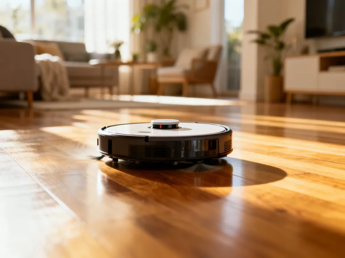 Nowoczesny robot sprzątający poruszający się po czystej podłodze w jasnym, przytulnym salonie.
