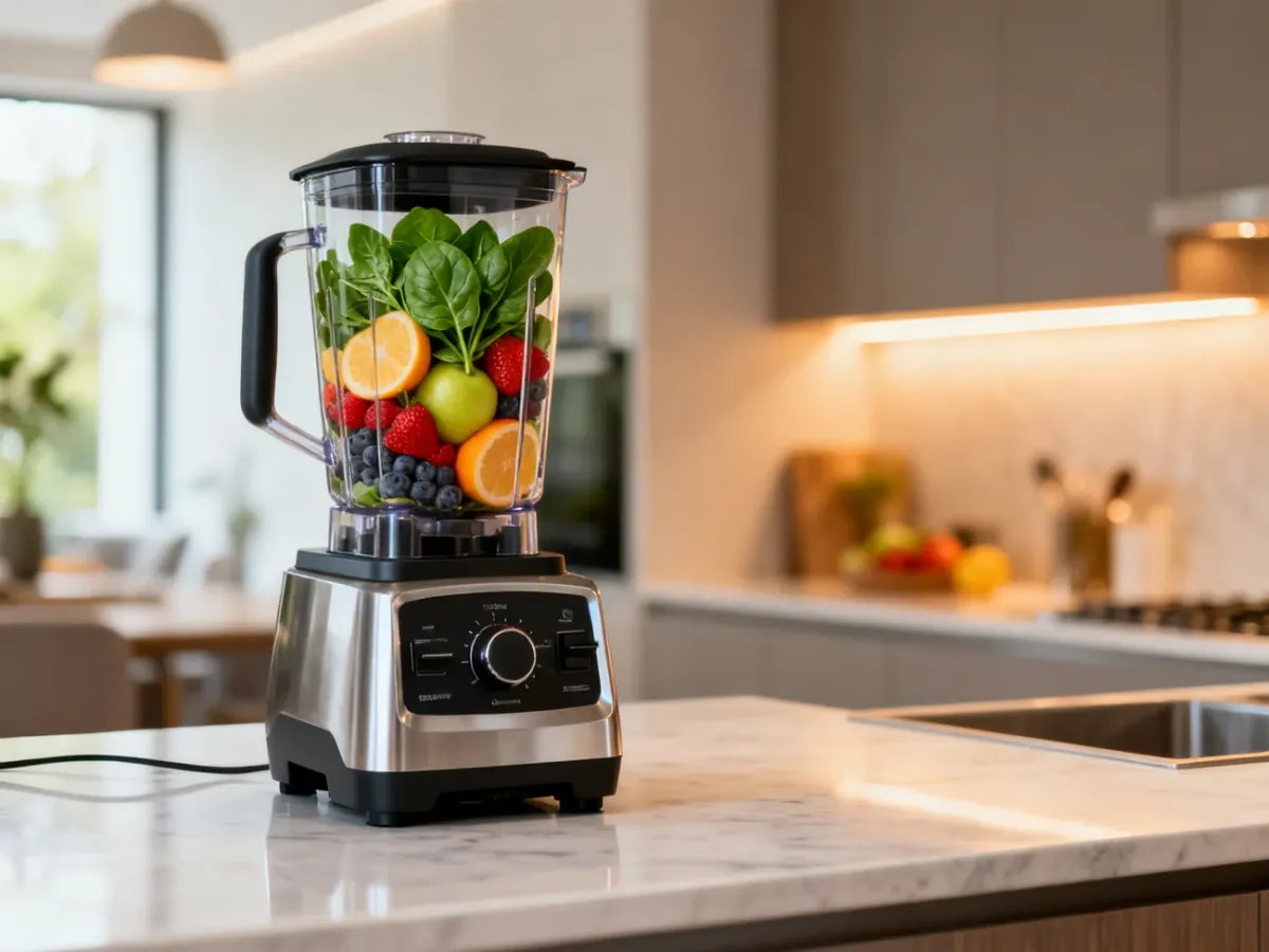 Nowoczesny blender na kuchennym blacie z przygotowywanym koktajlem ze świeżych owoców i szpinaku.