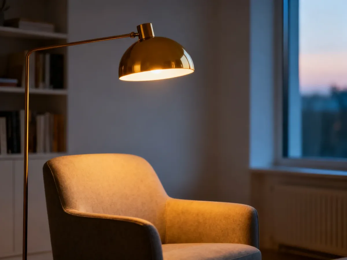 Nowoczesny salon z designerską lampą podłogową, która tworzy przytulny nastrój przy wygodnym fotelu.