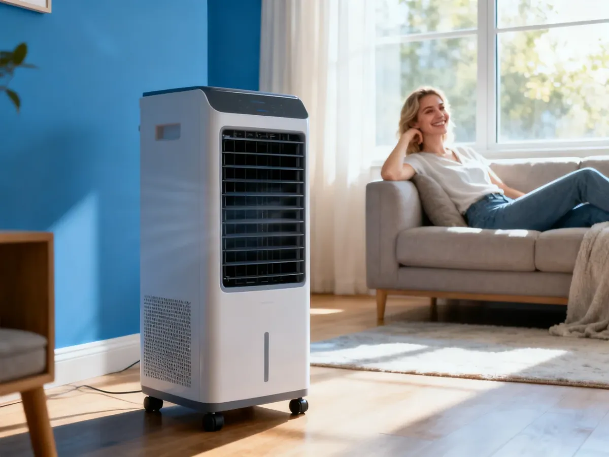 Nowoczesny klimatyzator przenośny w jasnym salonie, zapewniający komfortowy chłód wypoczywającej kobiecie.