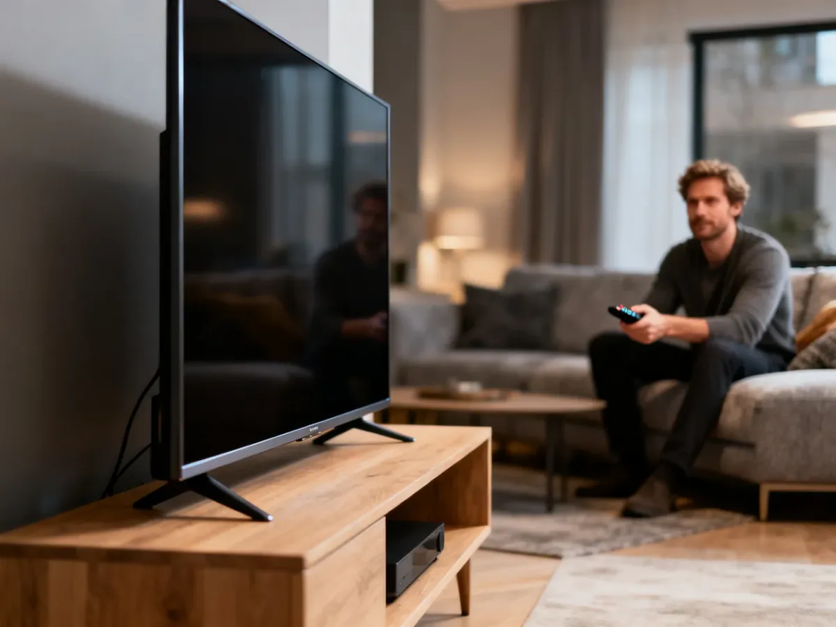 Nowoczesny telewizor z cienką ramką zawieszony nad drewnianą szafką w przytulnym salonie, obsługiwany za pomocą pilota.