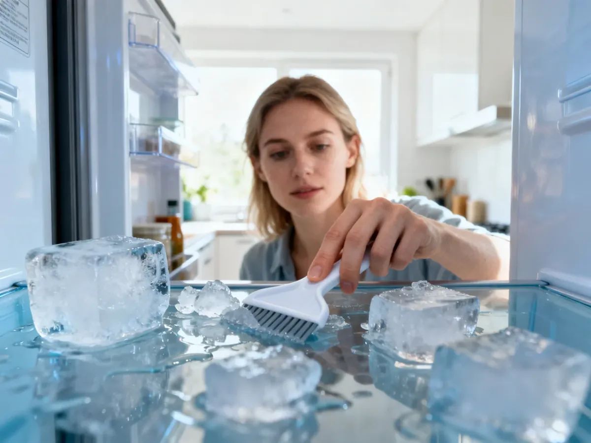 Kobieta czyści wnętrze nowoczesnej lodówki, usuwając resztki lodu za pomocą plastikowej skrobaczki.