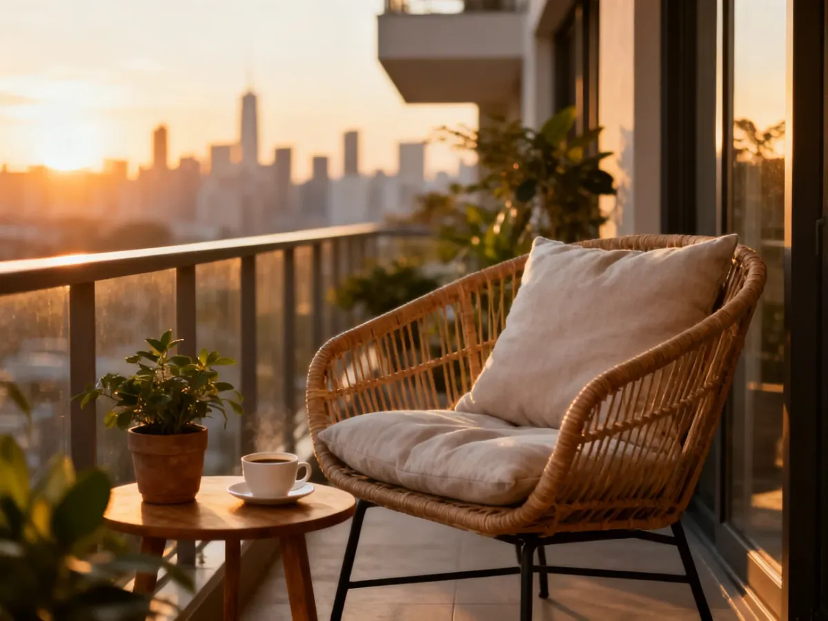 Przytulny balkon z rattanowym fotelem, kawą i roślinami o zachodzie słońca, tworzący inspirującą strefę relaksu.