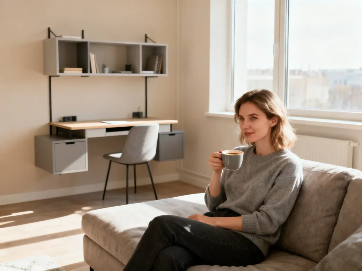 Jasne, minimalistyczne studio z funkcjonalnymi meblami i kobietą pijącą kawę, prezentujące pomysły na aranżację małego wnętrza.
