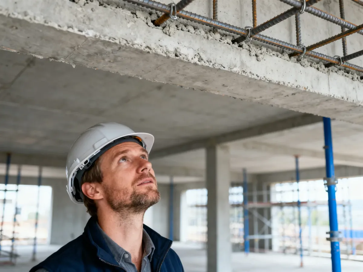 Inżynier budowy kontroluje zbrojenie i świeżo wylany betonowy strop na nowoczesnej budowie.