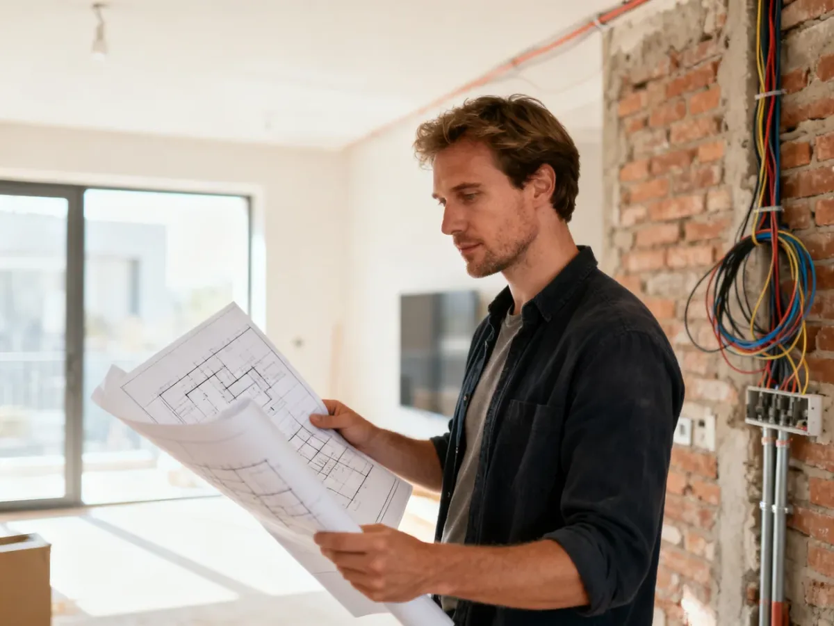 Mężczyzna trzymający plany architektoniczne w remontowanym salonie z widocznymi instalacjami elektrycznymi i hydraulicznymi.