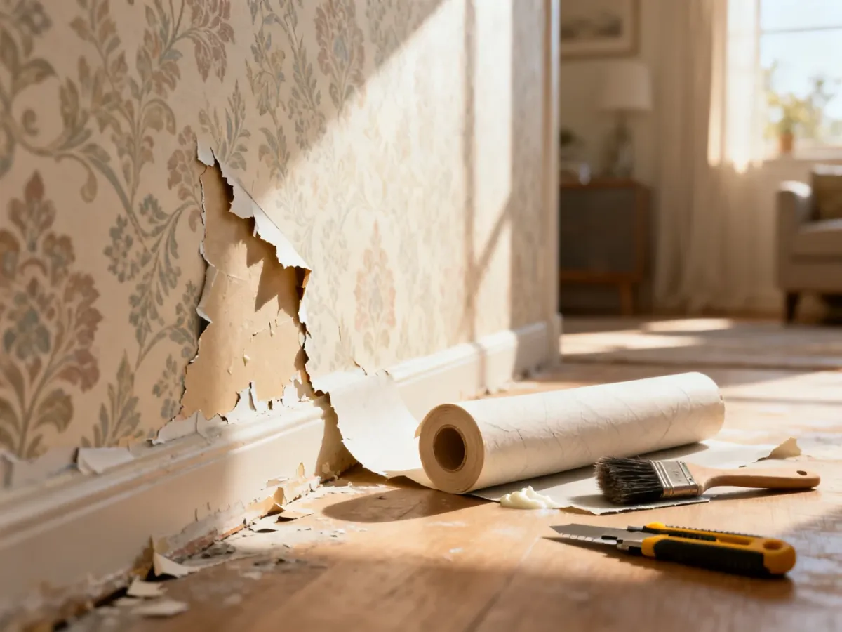 Proces naklejania nowej tapety na starą warstwę z widocznymi narzędziami remontowymi i fragmentem odchodzącego wzoru.