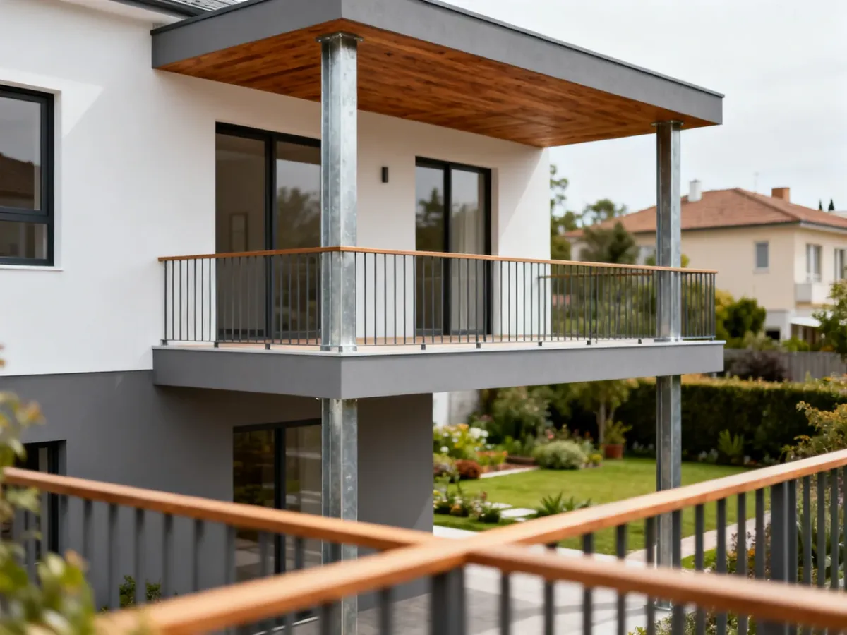 Nowoczesny balkon dostawny na stalowych słupach przy odnowionej elewacji budynku mieszkalnego.