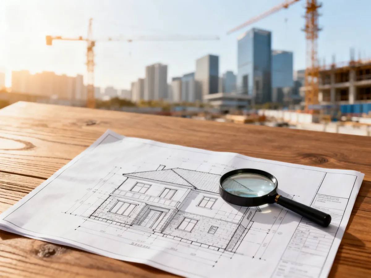 Projekt architektoniczny domu z lupą na drewnianym biurku, w tle rozmyta budowa nowoczesnego osiedla.