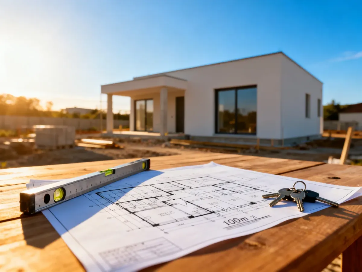 Nowoczesny dom o powierzchni 100 m² w końcowej fazie budowy, z planami architektonicznymi i kluczami na pierwszym planie.
