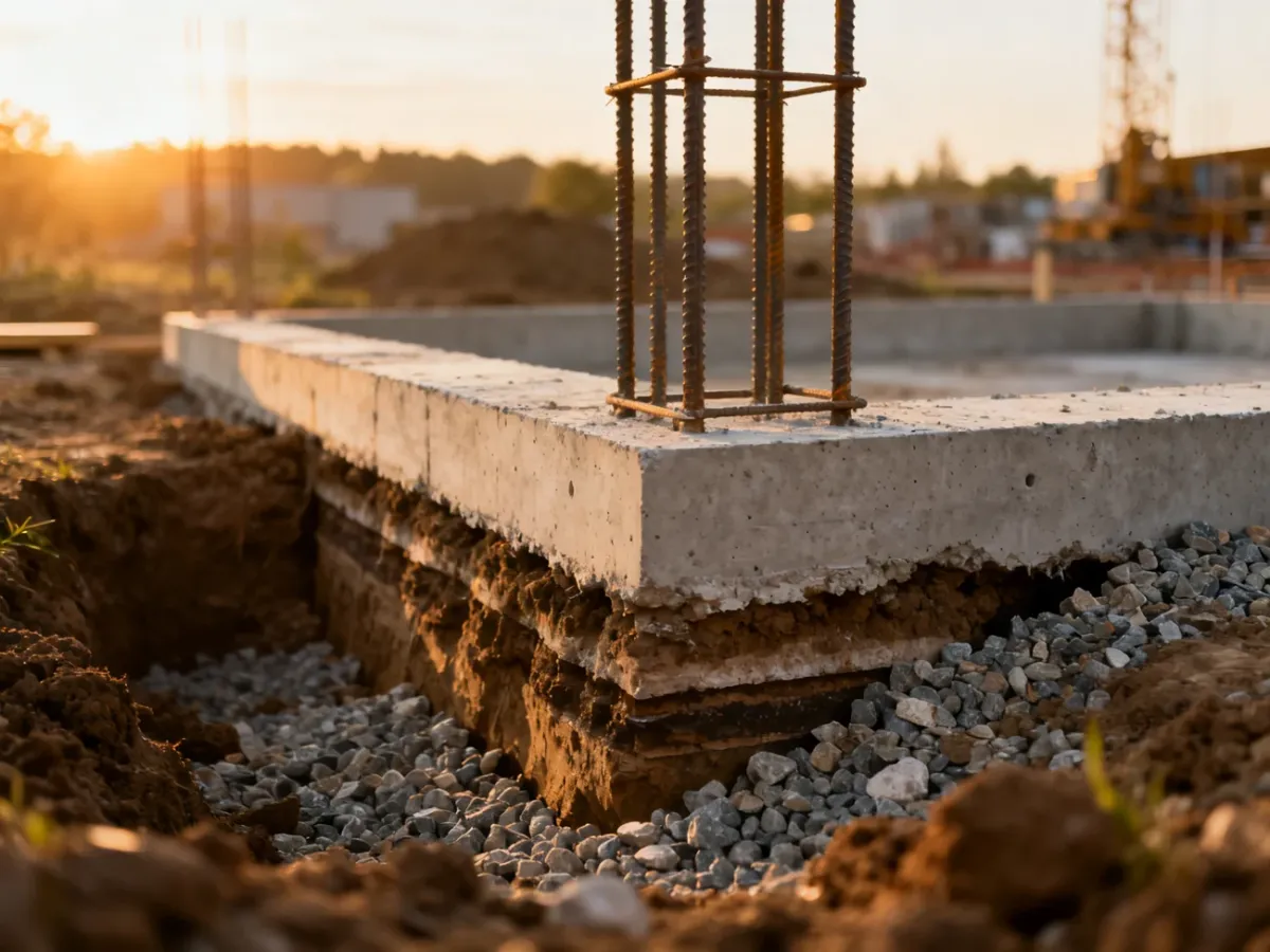 Przekrój techniczny ławy fundamentowej zbrojonej stalą, osadzonej w gruncie na tle placu budowy o wschodzie słońca.