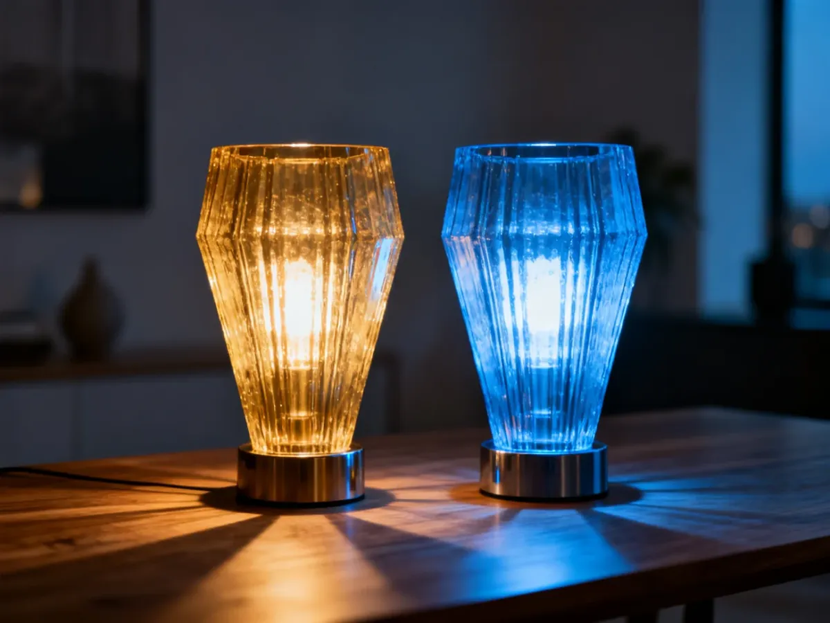 Dwie designerskie lampy emitujące światło o różnej temperaturze barwowej: ciepłej złotej oraz chłodnej niebieskiej.
