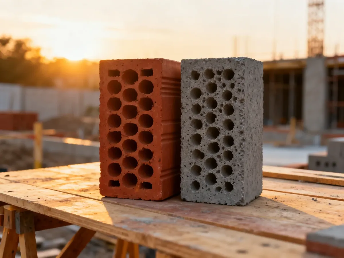 Porównanie pustaka ceramicznego i betonu komórkowego na placu budowy w świetle poranka.