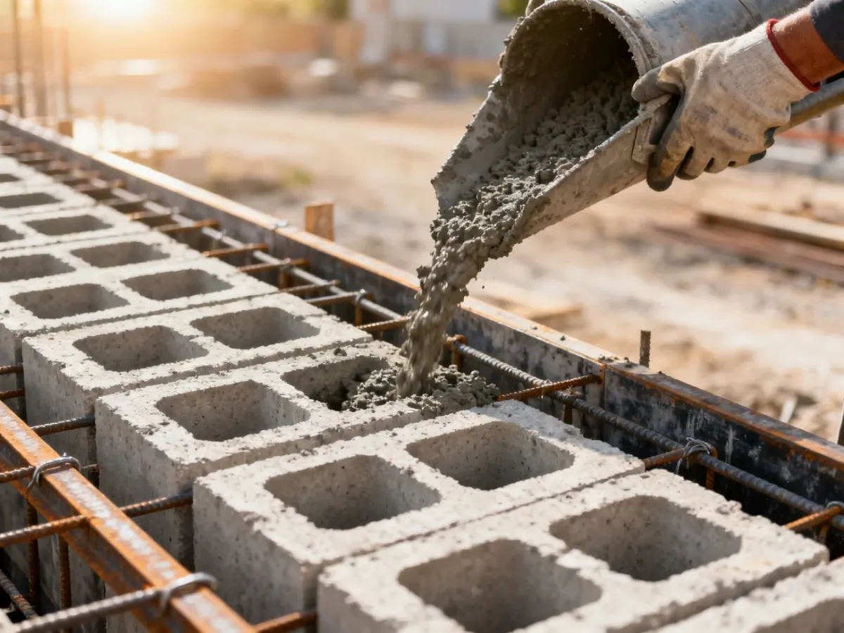 Pracownik wylewa beton na konstrukcję stropu gęstożebrowego typu Teriva z pustakami i belkami stalowymi.