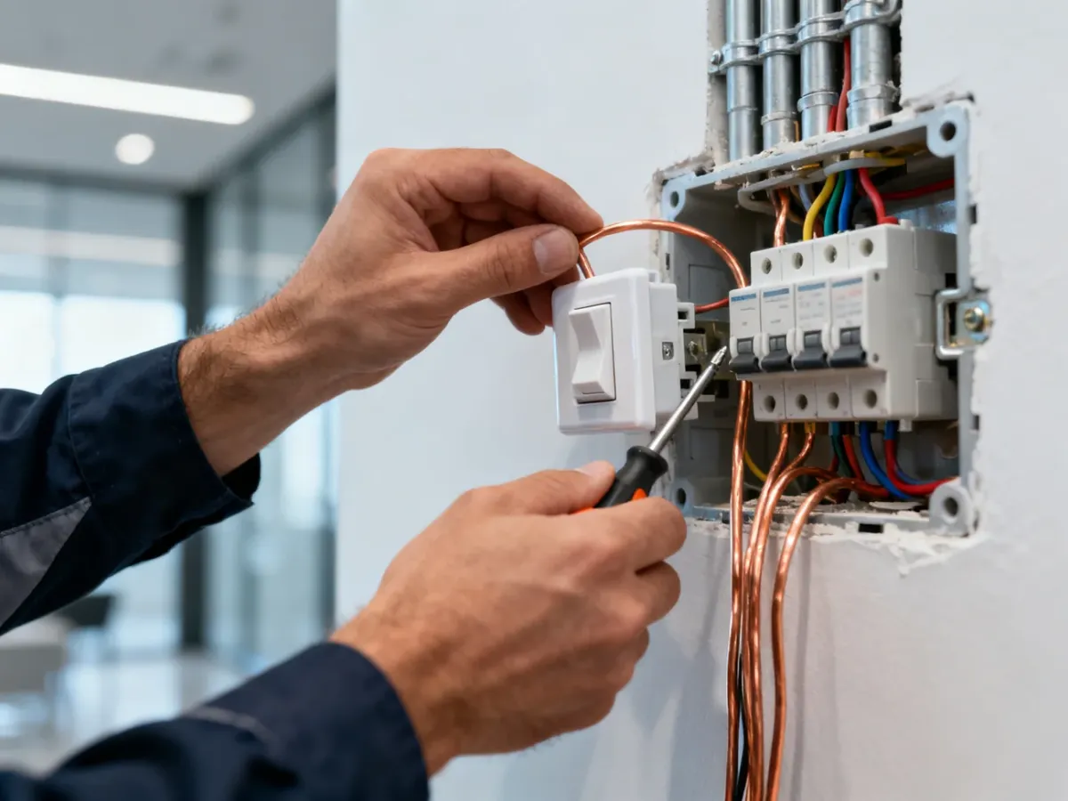 Elektryk montujący przewody w puszce instalacyjnej podczas podłączania włącznika światła.