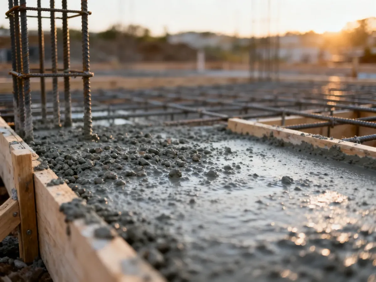 Świeżo wylany beton fundamentowy z widoczną fakturą kruszywa na tle szalunków i zbrojenia na placu budowy.