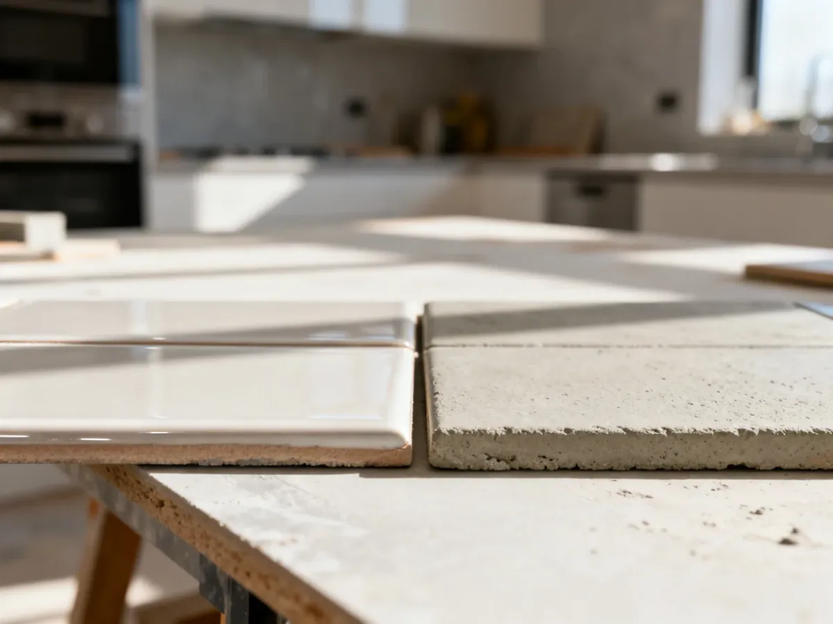 Porównanie faktury fugi ceramicznej i cementowej na próbkach płytek w nowoczesnej kuchni.
