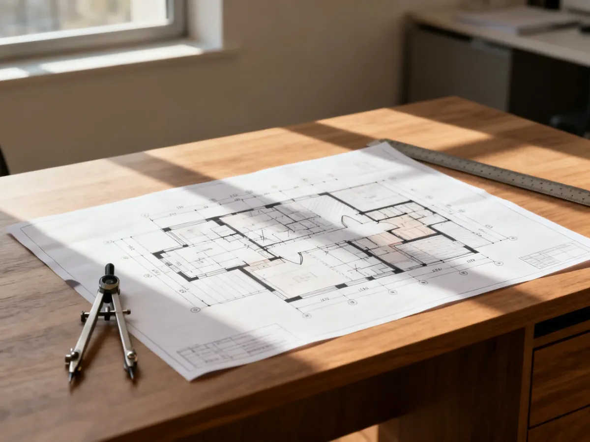 Rzut architektoniczny domu z narzędziami kreślarskimi na drewnianym biurku, gotowy do obliczeń powierzchni.